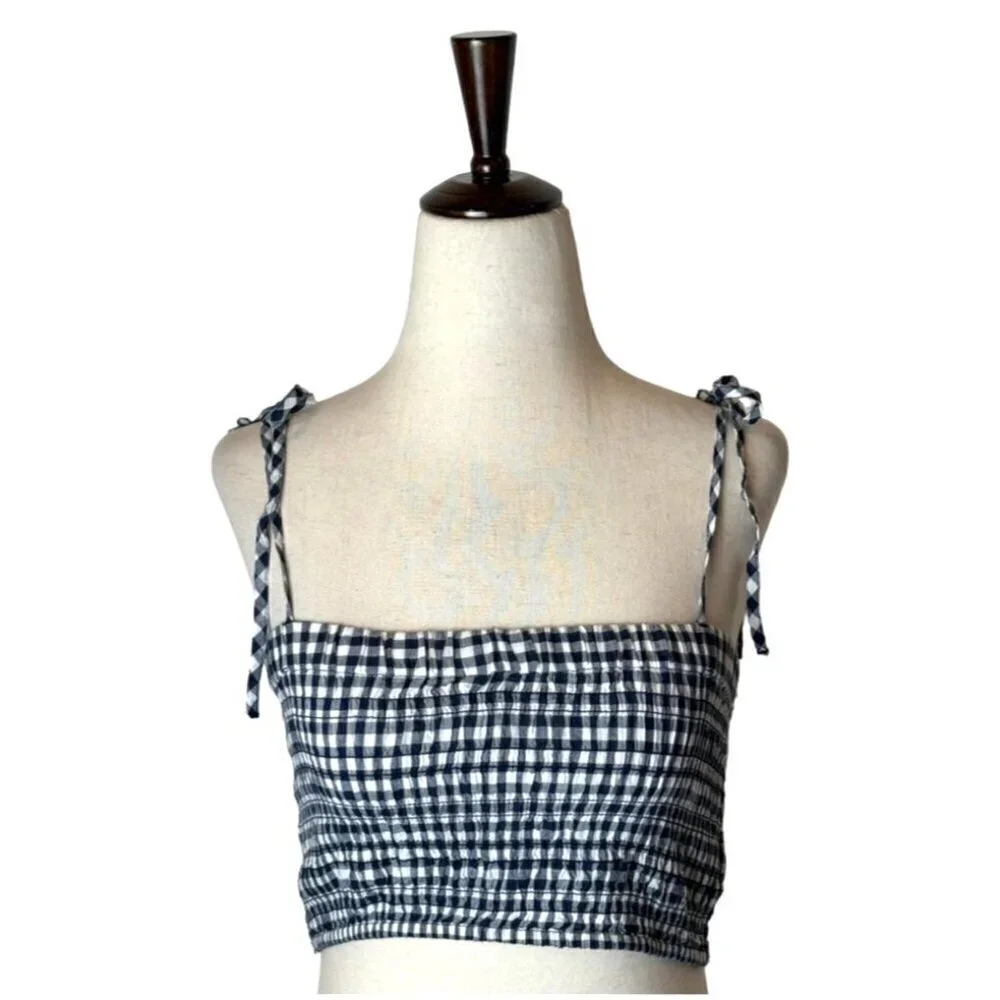 J Crew Shirt Women Small Navy Blue White Cotton Gingham Smocked‎ Cropped Top